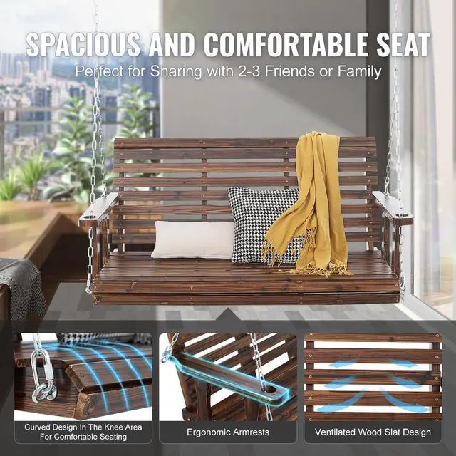 Alt view image 11 of 14 - VEVOR Wooden Porch Swing 4.5 ft, Patio bench swing for Courtyard & Garden, Upgraded 880 lbs Strong Load Capacity, Heavy Duty Swing Chair Bench with Hanging Chains for Outdoors, Carbonized Brown
