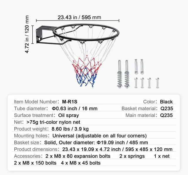 Alt view image 9 of 9 - VEVOR Basketball Rim, Wall Door Mounted Basketball Hoop, Heavy Duty Q235 Basketball Flex Rim Goal Replacement with Net and Double Spring, Standard 18" Indoor Outdoor Hanging Hoop for Kids Adults