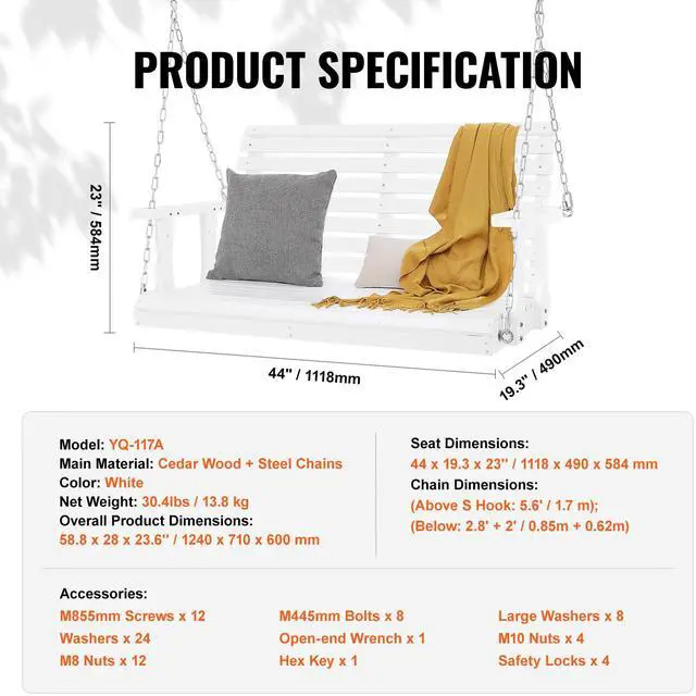 Alt view image 14 of 14 - VEVOR Wooden Porch Swing 4 ft, Patio bench swing for Courtyard & Garden, Upgraded 880 lbs Strong Load Capacity, Heavy Duty Swing Chair Bench with Hanging Chains for Outdoors, White