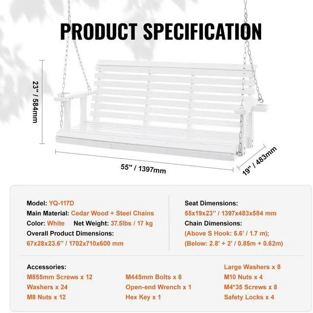 Alt view image 14 of 14 - VEVOR Wooden Porch Swing 5.5 ft, Patio bench swing for Courtyard & Garden, Upgraded 880 lbs Strong Load Capacity, Heavy Duty Swing Chair Bench with Hanging Chains for Outdoors, White