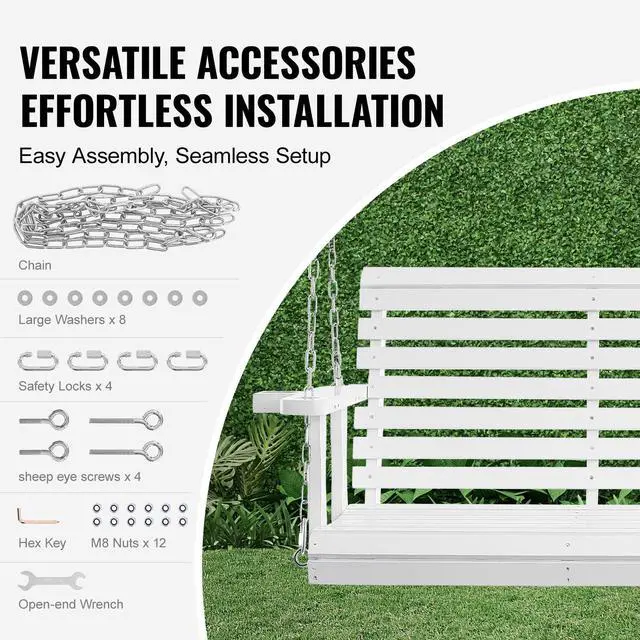 Alt view image 12 of 14 - VEVOR Wooden Porch Swing 5.5 ft, Patio bench swing for Courtyard & Garden, Upgraded 880 lbs Strong Load Capacity, Heavy Duty Swing Chair Bench with Hanging Chains for Outdoors, White