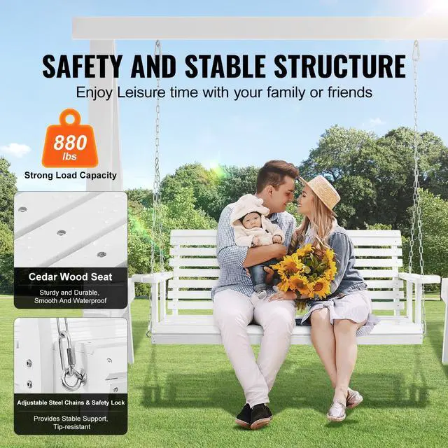 Alt view image 9 of 14 - VEVOR Wooden Porch Swing 5.5 ft, Patio bench swing for Courtyard & Garden, Upgraded 880 lbs Strong Load Capacity, Heavy Duty Swing Chair Bench with Hanging Chains for Outdoors, White