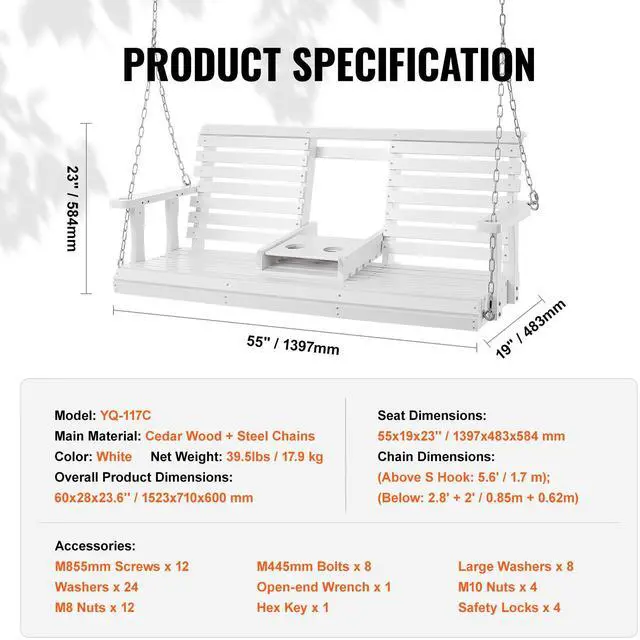 Alt view image 9 of 9 - VEVOR Wooden Porch Swing 5 ft, Patio bench swing for Courtyard & Garden, Upgraded 880 lbs Strong Load Capacity, Heavy Duty Swing Chair Bench with Hanging Chains for Outdoors, White