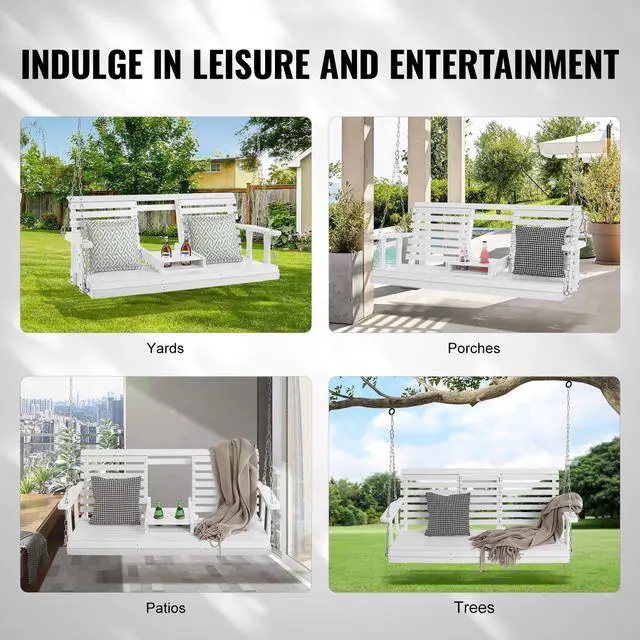 Alt view image 8 of 9 - VEVOR Wooden Porch Swing 5 ft, Patio bench swing for Courtyard & Garden, Upgraded 880 lbs Strong Load Capacity, Heavy Duty Swing Chair Bench with Hanging Chains for Outdoors, White