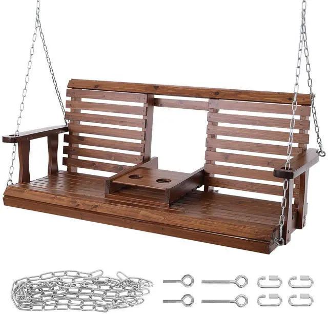 Alt view image 2 of 8 - VEVOR Wooden Porch Swing 5 ft, Patio bench swing for Courtyard & Garden, Upgraded 880 lbs Strong Load Capacity, Heavy Duty Swing Chair Bench with Hanging Chains for Outdoors, Brown