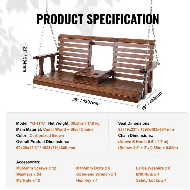 Alt view image 8 of 8 - VEVOR Wooden Porch Swing 5 ft, Patio bench swing for Courtyard & Garden, Upgraded 880 lbs Strong Load Capacity, Heavy Duty Swing Chair Bench with Hanging Chains for Outdoors, Brown