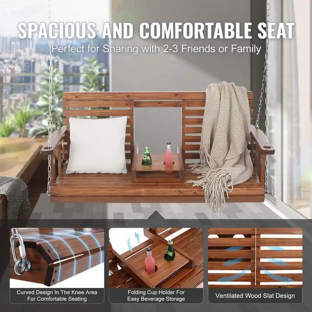 Alt view image 5 of 8 - VEVOR Wooden Porch Swing 5 ft, Patio bench swing for Courtyard & Garden, Upgraded 880 lbs Strong Load Capacity, Heavy Duty Swing Chair Bench with Hanging Chains for Outdoors, Brown