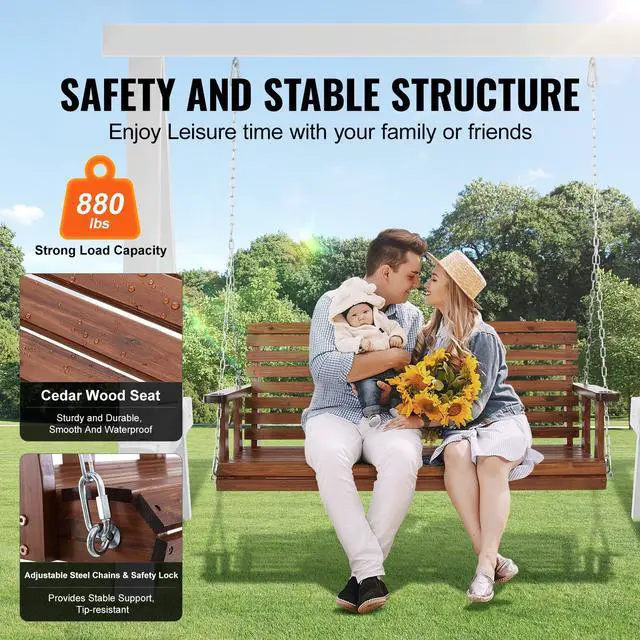 Alt view image 3 of 8 - VEVOR Wooden Porch Swing 5 ft, Patio bench swing for Courtyard & Garden, Upgraded 880 lbs Strong Load Capacity, Heavy Duty Swing Chair Bench with Hanging Chains for Outdoors, Brown