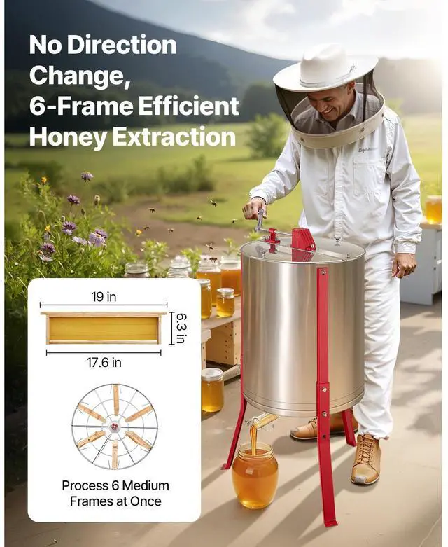 Alt view image 9 of 14 - Manual Honey Extractor 6 Frame Beekeeping Honeycomb Spinner Stainless Steel