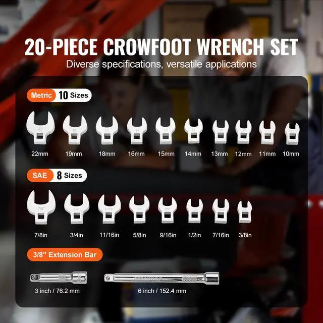 Alt view image 9 of 14 - VEVOR Crowfoot Wrench Set, 3/8" Drive 20-Piece Crows Foot Wrench Set with 2 Extension Bars and EVA Tool Organizer,40CR Material with Mirror Chrome Finish, SAE 3/8"-7/8" and Metric 10-22 mm,