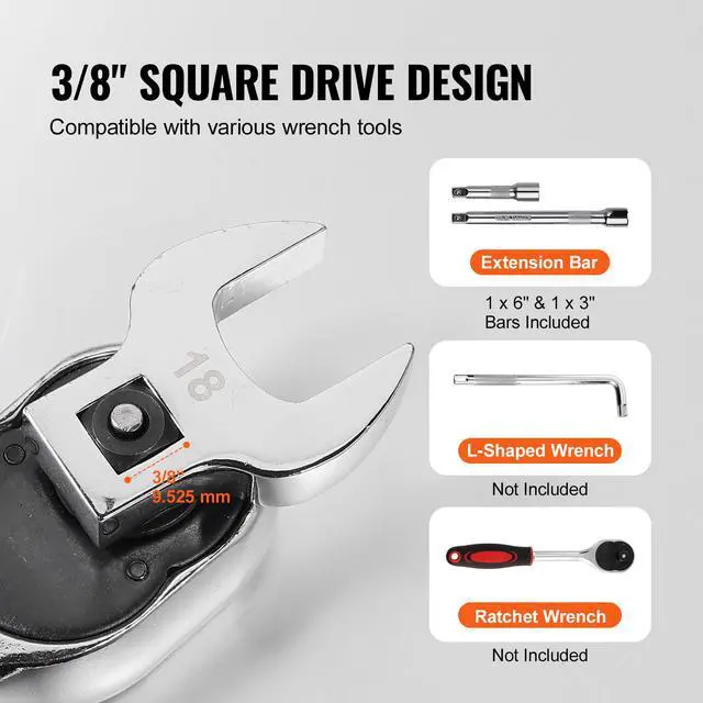 Alt view image 12 of 14 - VEVOR Crowfoot Wrench Set, 3/8" Drive 20-Piece Crows Foot Wrench Set with 2 Extension Bars and EVA Tool Organizer,40CR Material with Mirror Chrome Finish, SAE 3/8"-7/8" and Metric 10-22 mm,