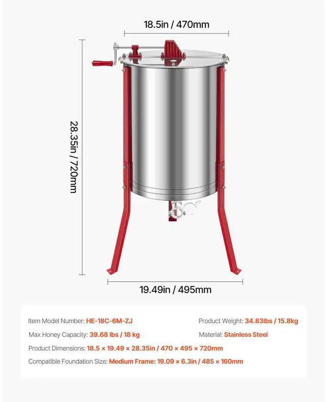 Alt view image 14 of 14 - Manual Honey Extractor 6 Frame Beekeeping Honeycomb Spinner Stainless Steel