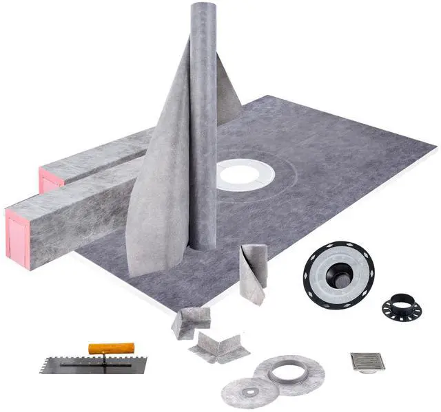 Main image of Shower Curb Kit, 38\"x60\" Watertight Shower Curb Overlay with 4\" PVC Central Bonding Flange, 4\" Stainless Steel Grate, 2 Cuttable Shower Curb and Trowel, Shower Pan Slope Sticks Fit for Bathr
