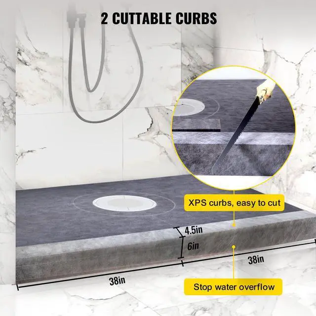 Alt view image 4 of 7 - Shower Curb Kit, 38\"x60\" Watertight Shower Curb Overlay with 4\" PVC Central Bonding Flange, 4\" Stainless Steel Grate, 2 Cuttable Shower Curb and Trowel, Shower Pan Slope Sticks Fit for Bathr