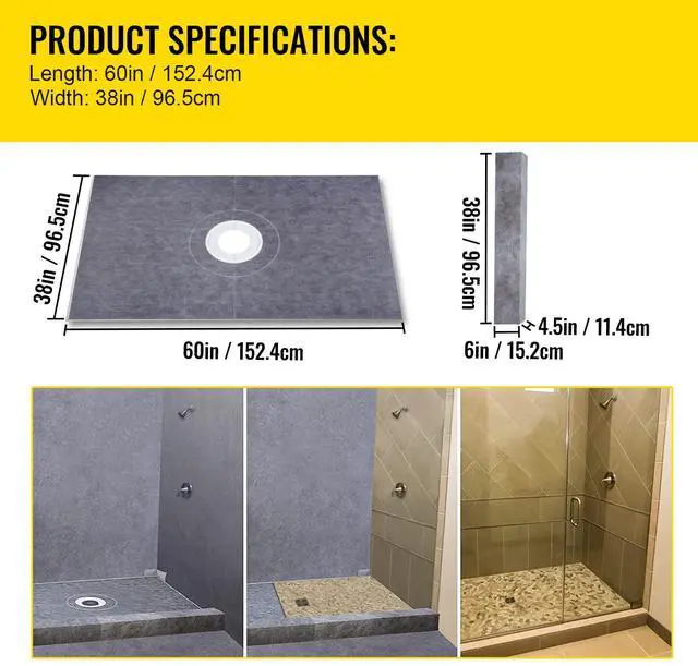 Alt view image 7 of 7 - Shower Curb Kit, 38\"x60\" Watertight Shower Curb Overlay with 4\" PVC Central Bonding Flange, 4\" Stainless Steel Grate, 2 Cuttable Shower Curb and Trowel, Shower Pan Slope Sticks Fit for Bathr