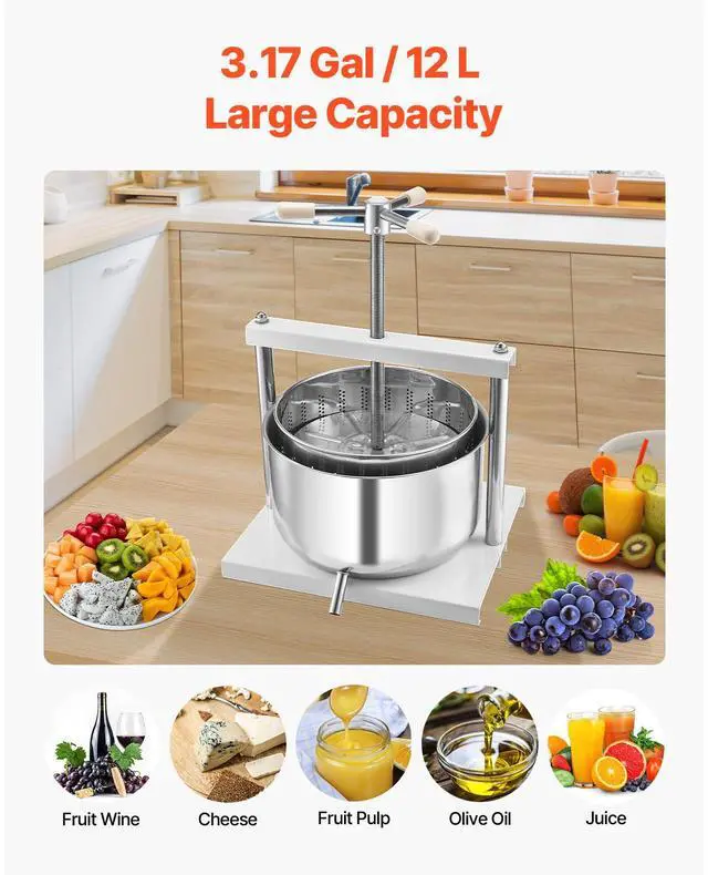 Alt view image 4 of 8 - VEVOR 3.17 Gal/12L Fruit Wine Press, 2 Stainless Steel Barrels, Manual Juice Maker, Cider Apple Grape Tincture Honey Olive Oil Making Press with Triangular Handle for Outdoor Kitchen Home