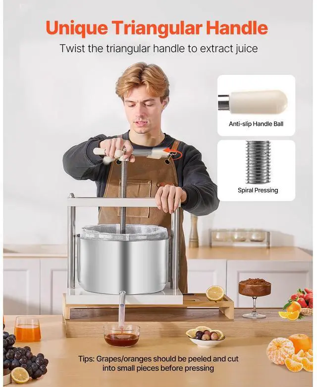 Alt view image 5 of 8 - VEVOR 3.17 Gal/12L Fruit Wine Press, 2 Stainless Steel Barrels, Manual Juice Maker, Cider Apple Grape Tincture Honey Olive Oil Making Press with Triangular Handle for Outdoor Kitchen Home