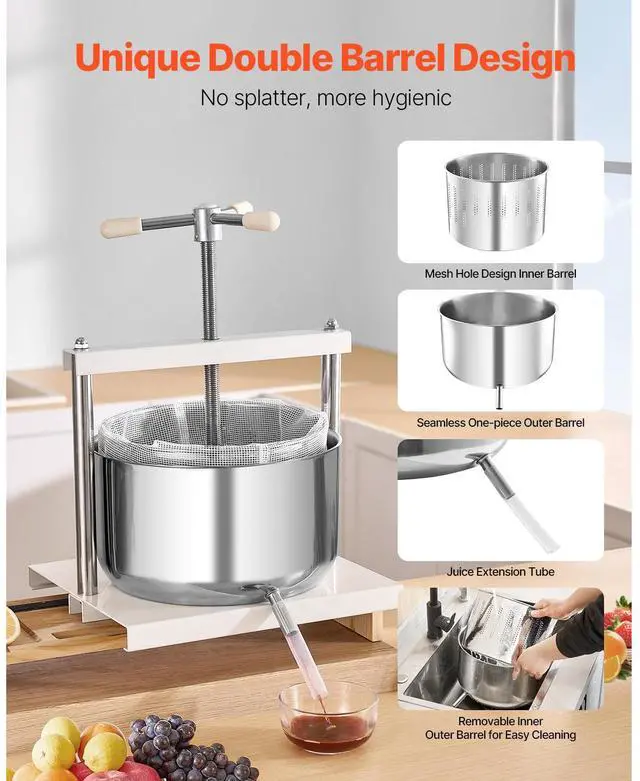 Alt view image 6 of 8 - VEVOR 3.17 Gal/12L Fruit Wine Press, 2 Stainless Steel Barrels, Manual Juice Maker, Cider Apple Grape Tincture Honey Olive Oil Making Press with Triangular Handle for Outdoor Kitchen Home