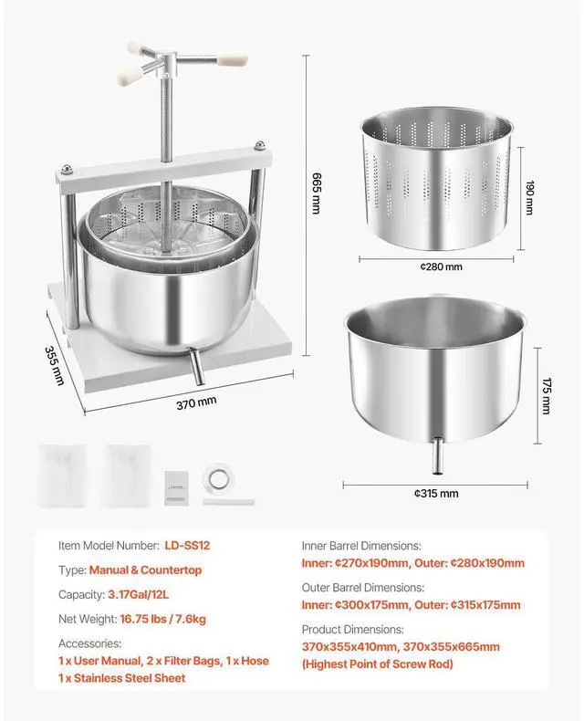 Alt view image 8 of 8 - VEVOR 3.17 Gal/12L Fruit Wine Press, 2 Stainless Steel Barrels, Manual Juice Maker, Cider Apple Grape Tincture Honey Olive Oil Making Press with Triangular Handle for Outdoor Kitchen Home