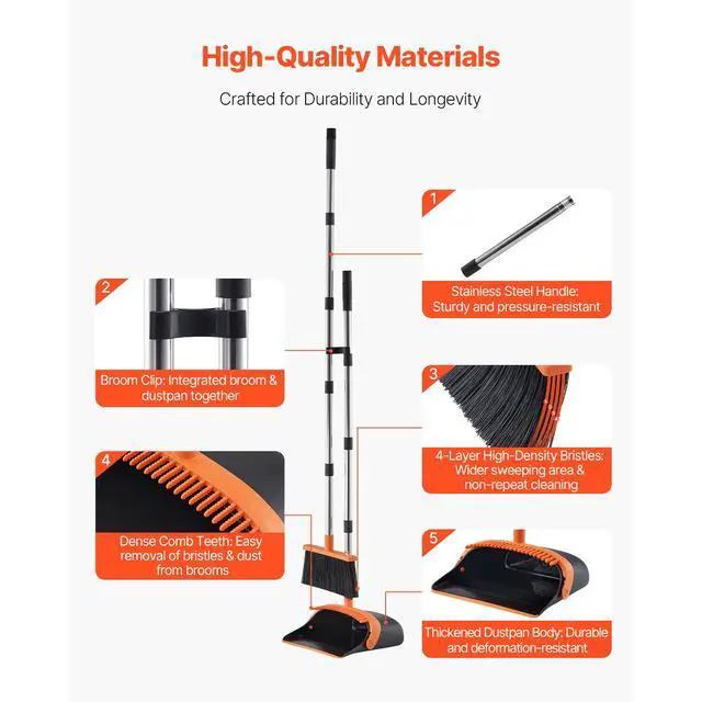 Alt view image 10 of 14 - VEVOR Broom and Dustpan Set, Heavy Duty Dustpan and Broom Combo with Self-Cleaning Teeth, Metal Upright Standing Dust Pan with Long Handle, Ideal for Home, Restaurant, Office, Dorm, Black+Orange