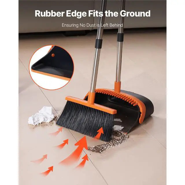Alt view image 9 of 14 - VEVOR Broom and Dustpan Set, Heavy Duty Dustpan and Broom Combo with Self-Cleaning Teeth, Metal Upright Standing Dust Pan with Long Handle, Ideal for Home, Restaurant, Office, Dorm, Black+Orange