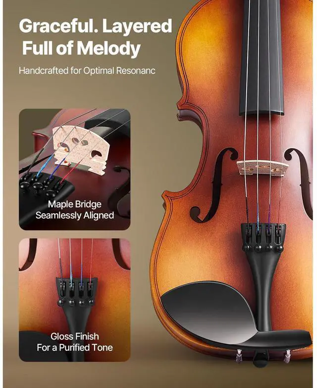 Alt view image 3 of 8 - VEVOR Violin 4/4 Full Size for Adults, Violin Fiddle Set for Beginners with Hard Case, Rosin, Bow, Shoulder Rest, Bridge, Tuner and Extra Strings, Professional Musical Instruments for Student (Brown)