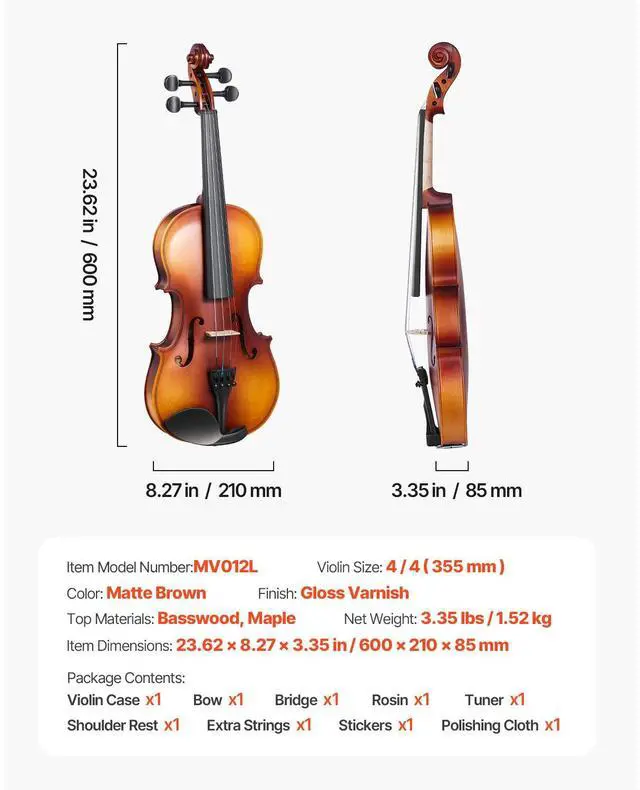 Alt view image 8 of 8 - VEVOR Violin 4/4 Full Size for Adults, Violin Fiddle Set for Beginners with Hard Case, Rosin, Bow, Shoulder Rest, Bridge, Tuner and Extra Strings, Professional Musical Instruments for Student (Brown)