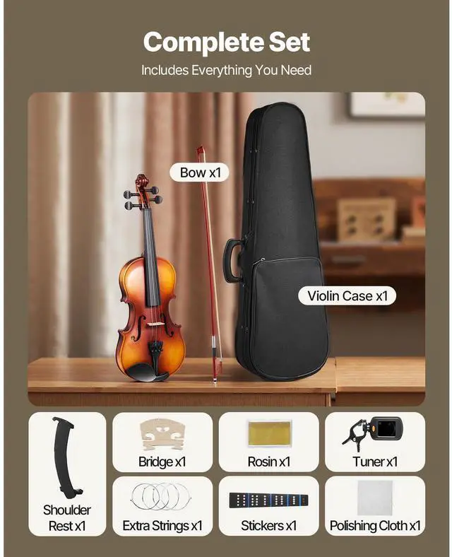 Alt view image 7 of 8 - VEVOR Violin 4/4 Full Size for Adults, Violin Fiddle Set for Beginners with Hard Case, Rosin, Bow, Shoulder Rest, Bridge, Tuner and Extra Strings, Professional Musical Instruments for Student (Brown)