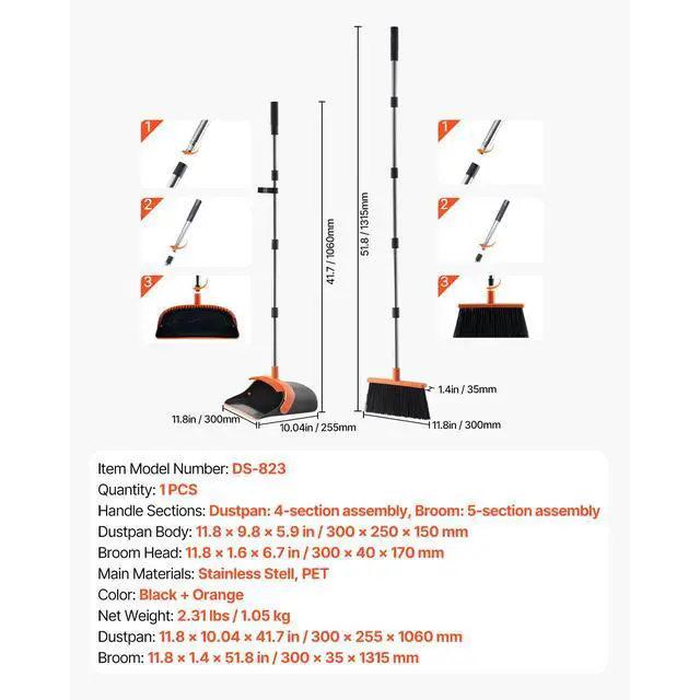 Alt view image 14 of 14 - VEVOR Broom and Dustpan Set, Heavy Duty Dustpan and Broom Combo with Self-Cleaning Teeth, Metal Upright Standing Dust Pan with Long Handle, Ideal for Home, Restaurant, Office, Dorm, Black+Orange