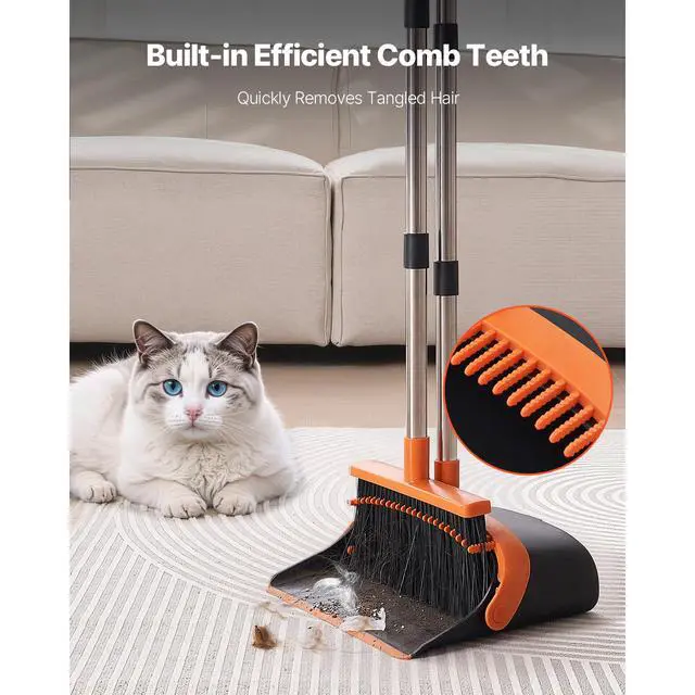 Alt view image 11 of 14 - VEVOR Broom and Dustpan Set, Heavy Duty Dustpan and Broom Combo with Self-Cleaning Teeth, Metal Upright Standing Dust Pan with Long Handle, Ideal for Home, Restaurant, Office, Dorm, Black+Orange