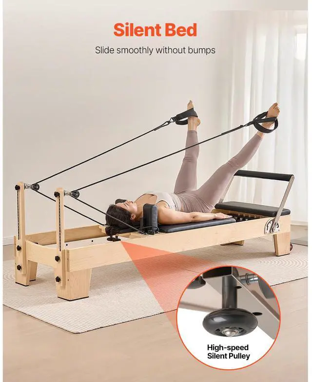 Alt view image 4 of 7 - Pilates Reformer Machine, Wooden Pilates Workout Equipment for Home Gym Studio Use, Pilates Bed with Dual Resistance- Spring & Cord, Reformer Set with Sitting Box, Up to 400 LBS