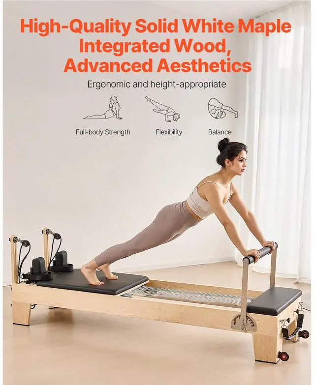 Alt view image 6 of 7 - Pilates Reformer Machine, Wooden Pilates Workout Equipment for Home Gym Studio Use, Pilates Bed with Dual Resistance- Spring & Cord, Reformer Set with Sitting Box, Up to 400 LBS