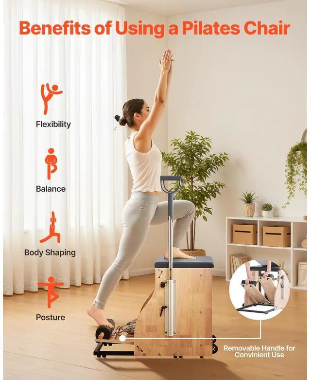 Alt view image 3 of 8 - VEVOR Pilates Chair, Split-Pedal Stability Combo Chairs with Handles, Rubber Wood Frame Yoga Fitness Trainer, Exercise Reformer, Pilates Resistance-Workout Equipment, for Home Gym Studio Workout