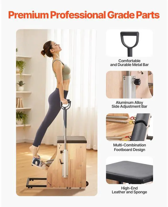 Alt view image 6 of 8 - VEVOR Pilates Chair, Split-Pedal Stability Combo Chairs with Handles, Rubber Wood Frame Yoga Fitness Trainer, Exercise Reformer, Pilates Resistance-Workout Equipment, for Home Gym Studio Workout