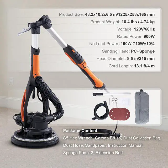 Alt view image 15 of 15 - VEVOR Drywall Sander 900W Brush Motor 800-1800RPM Variable Speed & Self-Suction