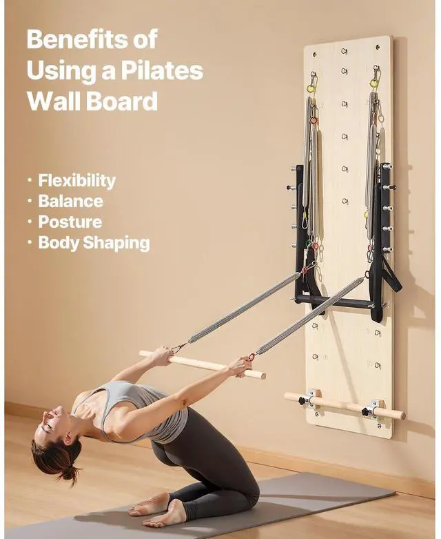 Alt view image 3 of 8 - VEVOR Wall Mounted Pilates Reformer Machine, Maple Wood Pilates Springboard, Exercise Equipment with Resistance Springs, Yoga Fitness Trainer, Suitable for Flexibility Balance, Home Gym Studio Workout
