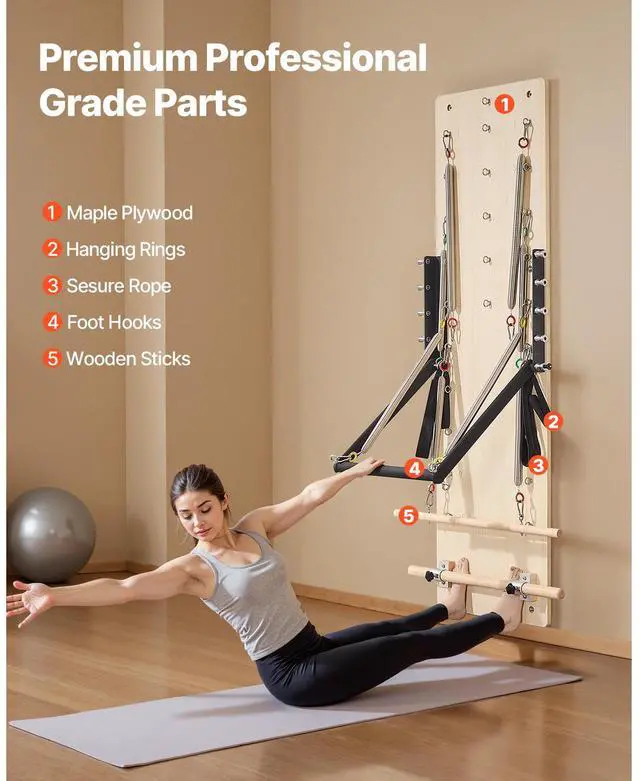 Alt view image 6 of 8 - VEVOR Wall Mounted Pilates Reformer Machine, Maple Wood Pilates Springboard, Exercise Equipment with Resistance Springs, Yoga Fitness Trainer, Suitable for Flexibility Balance, Home Gym Studio Workout