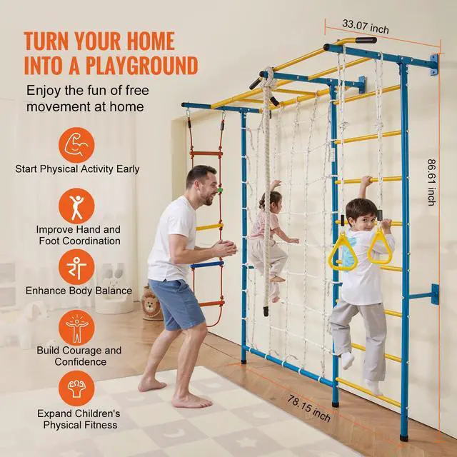 Alt view image 4 of 8 - Wall Gym for Kids 7 in 1 Steel Indoor Kids Gym for Exercise Climbing Toys