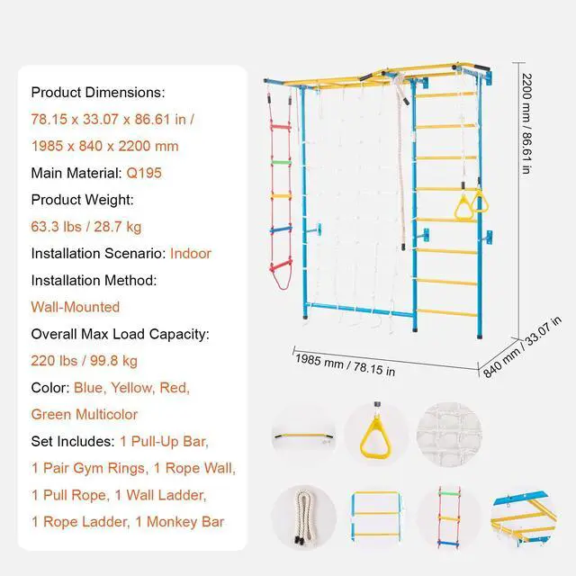 Alt view image 8 of 8 - Wall Gym for Kids 7 in 1 Steel Indoor Kids Gym for Exercise Climbing Toys