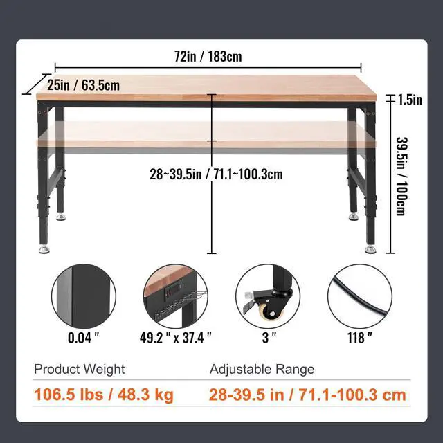 Alt view image 7 of 7 - Adjustable Workbench, 72" L X 25" W Garage Worktable with Universal Wheels, 28-39.5" Heights & 3000 LBS Load Capacity, with Power Outlets & Hardwood Top & Storage & Foot Pads, for Office Home
