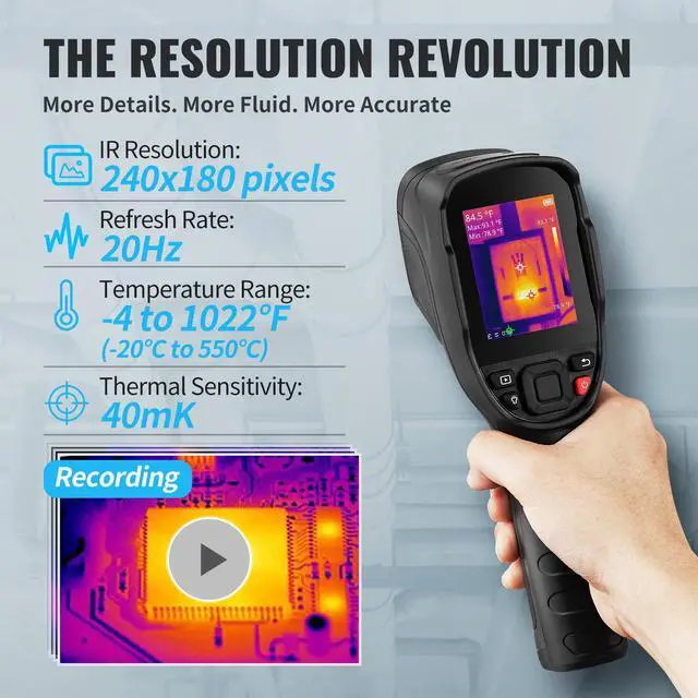 Alt view image 11 of 15 - VEVOR Thermal Imaging Camera, 240x180 IR Resolution with 2MP Visual Camera, 20Hz Refresh Rate Infrared Camera with -4~1022 Temperature Range, 64G Built-in SD Card and Rechargeable Li-ion Battery