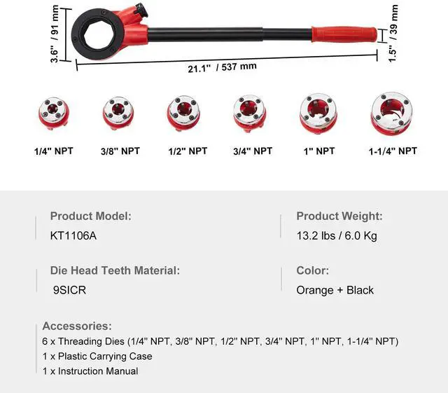 Alt view image 14 of 14 - VEVOR Ratchet Pipe Threader Kit, 1/4" NPT - 1-1/4" NPT Manual Ratcheting Pipe Threader, Portable Pipe Threading Tool Set with 6PCS NPT Dies, Storage Case for Galvanized Aluminum Iron Copper Pipes