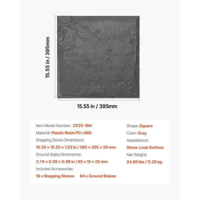 Alt view image 8 of 8 - VEVOR Garden Stepping Stones, 16Pcs 15.5 x 15.5 in, Decorative Stepping Stones with Stakes, Weather-Resistant Plastic Pathway Pavers, Smooth Surface, Outdoor Walkway for Lawn Patio Landscape, Grey