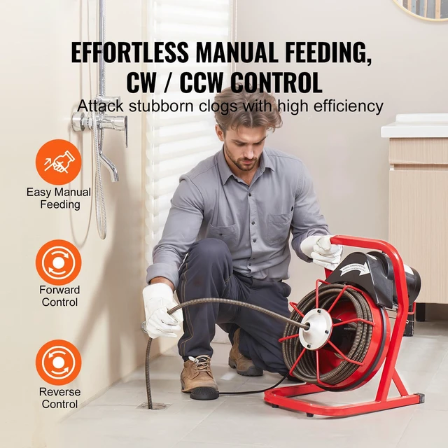 Alt view image 9 of 15 - VEVOR Drain Cleaner Machine Drain Auger 50FT x 1/2 Inch Manual Feed & 4 Cutters
