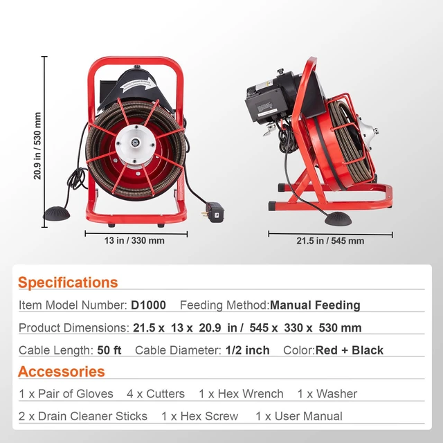 Alt view image 14 of 15 - VEVOR Drain Cleaner Machine Drain Auger 50FT x 1/2 Inch Manual Feed & 4 Cutters