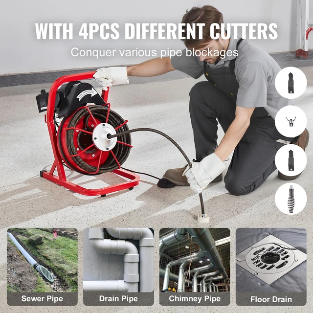 Alt view image 12 of 15 - VEVOR Drain Cleaner Machine Drain Auger 50FT x 1/2 Inch Manual Feed & 4 Cutters