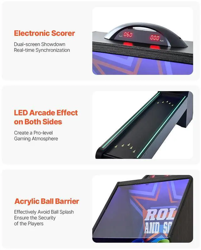 Alt view image 3 of 7 - VEVOR 9' Roll and Score Classic Arcade Game Table, Skee Ball Arcade, with LED Electronic Scorer & Track Lighting, Sound, Automatic Ball Return, Adults Kids Home Recreation Game Room, 4 Balls Included