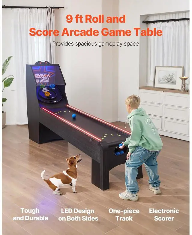 Alt view image 2 of 7 - VEVOR 9' Roll and Score Classic Arcade Game Table, Skee Ball Arcade, with LED Electronic Scorer & Track Lighting, Sound, Automatic Ball Return, Adults Kids Home Recreation Game Room, 4 Balls Included