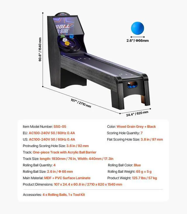 Alt view image 7 of 7 - VEVOR 9' Roll and Score Classic Arcade Game Table, Skee Ball Arcade, with LED Electronic Scorer & Track Lighting, Sound, Automatic Ball Return, Adults Kids Home Recreation Game Room, 4 Balls Included
