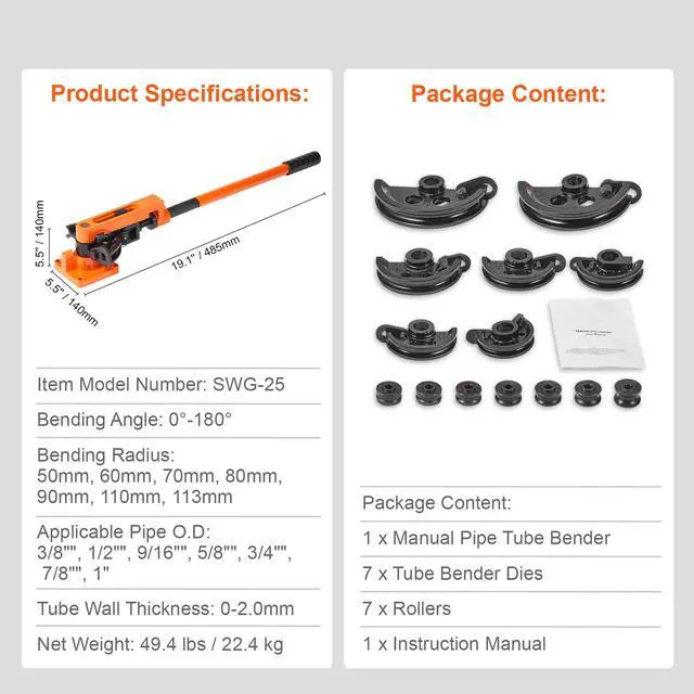 Alt view image 14 of 14 - VEVOR Pipe Tube Bender, 3/8" to 1" OD Manual Pipe Tube Bender with 7 Bending Dies, 180° Copper Aluminum Pipes Bending Tools for HVAC Air Conditioning Refrigerator Auto Repair